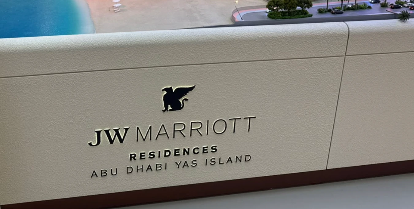 Marriott Residences Yas Island Abu Dhabi signage on the architectural model at the sales gallery